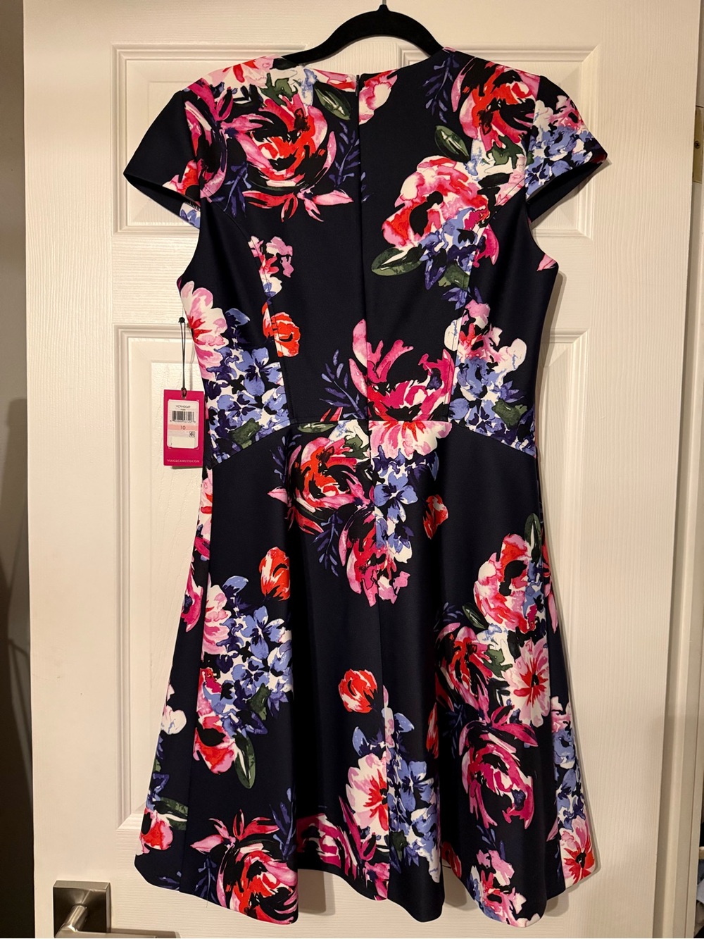 Vince Camuto Navy Floral short Fit & Flare Dress with Pink and Red Blooms SZ10